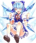  1girl ^_^ adapted_costume alternate_costume apron blue_dress blue_hair blush bow cirno closed_eyes commentary_request dress e.o. enmaided hair_bow ice ice_wings maid maid_headdress open_mouth puffy_short_sleeves puffy_sleeves shirt short_sleeves smile solo touhou upskirt waist_apron wings wrist_cuffs 