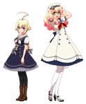  2girls ahoge alternate_costume arin66 black_legwear blazblue blonde_hair blue_eyes blue_skirt boots bow braid brown_boots curly_hair es_(xblaze_code:_embryo) expressionless full_body gradient_hair green_eyes hat long_hair looking_at_viewer multicolored_hair multiple_girls pantyhose pink_hair shoes signature skirt smile standing trinity_glassfield white_background white_bow white_hat white_legwear white_skirt 
