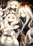  3girls aircraft_carrier_hime akishima_kei armor horns kantai_collection long_hair looking_at_viewer midway_hime mittens multiple_girls northern_ocean_hime pale_skin red_eyes shinkaisei-kan side_ponytail sitting very_long_hair white_hair 