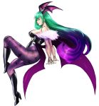  1girl bare_shoulders bat_print bat_wings boots breasts bridal_gauntlets demon_girl elbow_gloves eyeshadow gloves gradient_hair green_eyes green_hair head_wings high_heel_boots high_heels highres invisible_chair knee_boots leotard long_hair makeup morrigan_aensland multicolored_hair pantyhose print_legwear sideboob sitting solo steffydoodles succubus vampire_(game) very_long_hair wings work_in_progress 