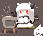  1girl chibi commentary cushion highres horns kantai_collection monster northern_ocean_hime nuu_(nu-nyu) open_mouth pale_skin red_eyes shinkaisei-kan sitting solo television translated triangle_mouth turret white_hair 