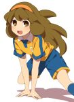  1girl brown_eyes brown_hair hairband inazuma_eleven_(series) inazuma_eleven_go inazuma_eleven_go_chrono_stone lightning_bolt long_hair nanobana_kinako no_pupils open_mouth raimon raimon_soccer_uniform sekina simple_background soccer_uniform solo sportswear white_background 