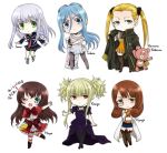  6+girls :&lt; :3 ;d aoki_hagane_no_arpeggio aqua_eyes arpeggio_of_blue_steel black_legwear blonde_hair blue_hair brown_eyes brown_hair brown_legwear casual character_name chibi choker coat dakimakura_(object) detached_sleeves full_body glasses green_eyes hair_between_eyes haruna_(aoki_hagane_no_arpeggio) hyuuga_(aoki_hagane_no_arpeggio) iona kirishima_(aoki_hagane_no_arpeggio) kongou_(aoki_hagane_no_arpeggio) long_hair maya_(aoki_hagane_no_arpeggio) monocle multiple_girls one_eye_closed open_mouth pantyhose pillow pince-nez pleated_skirt ponytail red_eyes ryokuya school_uniform serafuku simple_background skirt smile standing stuffed_animal stuffed_toy takao_(aoki_hagane_no_arpeggio) teddy_bear thigh-highs translated twintails white_background yotarou_(aoki_hagane_no_arpeggio) zettai_ryouiki 