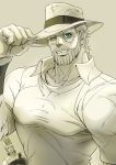  2boys adjusting_clothes adjusting_hat beard facial_hair green_eyes hat highres jean_pierre_polnareff jojo_no_kimyou_na_bouken joseph_joestar multiple_boys spot_color toujou_shufu 