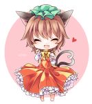  1girl :3 ^_^ animal_ears bow brown_hair cat_ears cat_tail character_name chen chibi closed_eyes fang hat heart heart_tail looking_at_viewer multiple_tails open_mouth paw_pose short_hair smile solo tagme tail touhou yukimiya_(parupunta) 