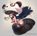  1girl blue_n bra breasts brown_hair cape character_request cleavage costume fang large_breasts leaf one_eye_closed pokemon short_hair stuffed_animal stuffed_toy thighs underwear 