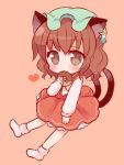  1girl animal_ears blush brown_eyes brown_hair cat_ears cat_tail chen chibi doughnut hat heart marshmallow_mille orange_background short_hair socks solo tail touhou 