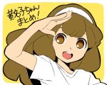  1girl brown_eyes brown_hair bust face flat_color hairband inazuma_eleven_(series) inazuma_eleven_go inazuma_eleven_go_chrono_stone long_hair nanobana_kinako no_pupils open_mouth salute sekina solo 