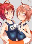  ahoge bare_shoulders blush breast_press bust hair_ornament highres i-168_(kantai_collection) i-58_(kantai_collection) kantai_collection lifebuoy looking_at_viewer max_melon_teitoku pink_eyes pink_hair ponytail red_eyes redhead school_swimsuit short_hair swimsuit symmetrical_docking twitter_username 
