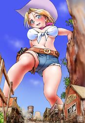  1girl belt blonde_hair blue_eyes blush boots breasts cleavage cowboy_hat denim denim_shorts ellie_winslet fringe giantess gun hat highres holster large_breasts long_hair original revolver shorts signature solo tied_shirt weapon western yabataso 