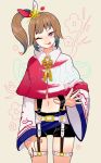  1girl ;p brown_hair ggk-kgr kunoichi_(sengoku_musou) midriff navel ninja one_eye_closed sengoku_musou sengoku_musou_4 side_ponytail solo tongue tongue_out 