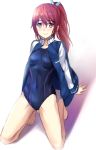  1girl bare_legs blush breasts competition_swimsuit covered_navel free! long_hair matsuoka_gou one-piece_swimsuit ponytail red_eyes redhead smile solo swimsuit tonee track_jacket 