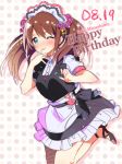  1boy ;p apron birthday brown_hair character_name green_eyes happy_birthday idolmaster idolmaster_side-m kasuga_souichi long_hair maid maid_headdress mizushima_saki standing_on_one_leg tongue tongue_out trap twintails waist_apron wink 