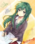  1girl drawing green_hair highres kagerou_project kido_tsubomi long_hair looking_at_viewer pencil sketchbook tomozero 
