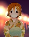  1girl alternate_hairstyle blush brown_eyes brown_hair bust collarbone fan festival floral_print hair_down hair_ornament hairpin highres japanese_clothes k-on! kimono light looking_at_viewer night paper_fan short_hair silhouette smile tainaka_ritsu tateshina uchiwa yukata 