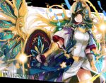  1girl armor athena_(p&amp;d) breastplate character_name dress gauntlets green_hair helmet long_hair magic meer_rowe puzzle_&amp;_dragons red_eyes shield solo sparkle text very_long_hair white_dress wings 