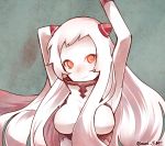  1girl airfield_hime arm_behind_head arm_up armpits bare_shoulders bust horns kantai_collection long_hair looking_at_viewer max_melon_teitoku pale_skin red_eyes shinkaisei-kan smile twitter_username white_hair 