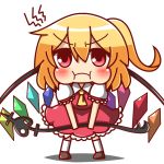  1girl :i blonde_hair chibi feiton flandre_scarlet no_hat pout puffed_cheeks red_eyes side_ponytail simple_background solo touhou weapon white_background wings 