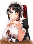  1girl black_hair blue_eyes bow breast_smother breasts dog glasses hair_bow hands_clasped large_breasts long_hair looking_at_viewer maid mole original ponytail semi-rimless_glasses smile solo table takebi under-rim_glasses 