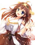  1girl bare_shoulders blouse blue_eyes breasts brown_hair detached_sleeves double_bun hair_ornament hairband headgear highres japanese_clothes kantai_collection kongou_(kantai_collection) long_hair nontraditional_miko open_mouth petals skirt smile solo suidou_(kyupirapper) tagme 