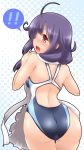  ! !! 1girl ahoge apron ass blush competition_swimsuit highres kantai_collection long_hair low_ponytail one-piece_swimsuit open_mouth purple_hair red_eyes solo spoken_exclamation_mark swimsuit taigei_(kantai_collection) twintails yoshi_tama 