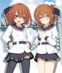  2girls aruka_(alka_p1) black_legwear brown_eyes brown_hair cosplay folded_ponytail hands_on_hips hibiki_(kantai_collection) ikazuchi_(kantai_collection) inazuma_(kantai_collection) kantai_collection long_hair looking_at_viewer machinery multiple_girls open_mouth short_hair skirt smile thigh-highs verniy_(kantai_collection) verniy_(kantai_collection)_(cosplay) 