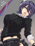 1girl breasts dated eyepatch gloves headgear highres infinote kantai_collection looking_at_viewer necktie open_mouth purple_hair school_uniform short_hair skirt solo sword tenryuu_(kantai_collection) torn_clothes twitter_username weapon yellow_eyes 