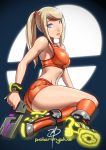  1girl alternate_costume crop_top daniel_macgregor gun metroid midriff samus_aran shorts solo sports_bra super_smash_bros. weapon 