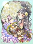  1girl bare_shoulders black_hair copyright_name detached_collar detached_sleeves dress floral_print flower hair_flower hair_ornament jewelry long_hair looking_at_viewer looking_up original raka smile solo thigh-highs thorns violet_eyes wavy_hair whip 