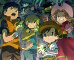  1girl 3boys :3 anger_vein angry black_hair blonde_hair brown_hair cabbie_hat clenched_teeth color_connection digimon digimon_adventure digimon_adventure_02 digimon_frontier digimon_tamers digivice dress glowing glowing_eyes grin hat himi_tomoki li_jenrya multiple_boys open_mouth palmon patamon poop raglan_sleeves short_hair smile sun_hat t_k_g tachikawa_mimi takaishi_takeru terriermon time_paradox vines 