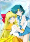  2girls absurdres aino_minako bishoujo_senshi_sailor_moon blonde_hair blue_eyes blue_hair blue_skirt bow choker earrings elbow_gloves gloves hair_bow half_updo heart highres hug inner_senshi jewelry long_hair magical_girl mizuno_ami multiple_girls orange_skirt prophet5 sailor_mercury sailor_senshi sailor_venus short_hair skirt super_sailor_mercury super_sailor_venus tiara 