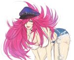  1girl bent_over blue_eyes breasts choker cleavage cutoffs denim denim_shorts downblouse final_fight hair_over_one_eye hat large_breasts lips lipstick long_hair makeup peaked_cap pink_hair poison_(final_fight) shorts sketch solo steffydoodles tank_top 