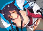 1girl ahri animal_ears bare_shoulders black_hair breasts cleavage detached_sleeves dutch_angle facial_mark fox_ears fox_tail hase_neet huge_breasts league_of_legends long_hair low_neckline multiple_tails open_mouth payot shiny shiny_skin solo tail very_long_hair yellow_eyes 