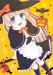  1girl :d bat black_legwear blonde_hair blue_eyes broom from_above halloween hat jack-o&#039;-lantern long_hair looking_at_viewer looking_up megumuxxx open_mouth original shoes smile solo very_long_hair witch witch_hat 