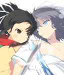  2girls absurdres asuka_(senran_kagura) bare_shoulders black_hair blue_eyes blush bow breasts brown_eyes cleavage hair_bow hair_ribbon highres looking_at_another multiple_girls official_art ponytail ribbon scarf school_uniform senran_kagura_(series) senran_kagura_shinovi_versus short_hair simple_background sword weapon white_background yumi_(senran_kagura) 