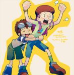  1boy 1girl angry beret brown_hair casual digimon digimon_adventure_02 glasses goggles goggles_on_head hat holding inoue_miyako motomiya_daisuke purple_hair shorts sweatdrop t_k_g 