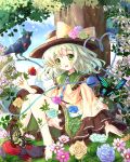  1girl :d against_tree barefoot bird butterfly cat crow daiso flower frilled_skirt frills green_eyes green_hair hat hat_flower hat_ribbon kaenbyou_rin kaenbyou_rin_(cat) komeiji_koishi nature open_mouth reiuji_utsuho reiuji_utsuho_(bird) ribbon rose shirt short_hair skirt smile third_eye touhou tree 