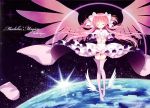  1girl absurdres ankle_wings bow choker closed_eyes copyright_name dress earth english frills gloves goddess_madoka hair_bow hands_on_own_chest hands_together highres kaname_madoka long_dress long_hair mahou_shoujo_madoka_magica pink_hair pink_legwear planet see-through shoes smile solo space spoilers thigh-highs two_side_up wasabi_(sekai) white_dress white_gloves white_shoes wings zettai_ryouiki 