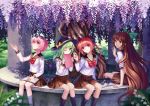  4girls alternate_costume braid brown_skirt cat_girl contemporary flower green_eyes green_hair hair_ribbon hairband hat humanization kaenbyou_rin komeiji_koishi komeiji_satori long_hair long_sleeves looking_at_another looking_up mirror_(xilu4) multiple_girls notebook pink_eyes pink_hair pleated_skirt red_eyes redhead reiuji_utsuho ribbon school_uniform serafuku short_hair sitting skirt touhou tree twin_braids very_long_hair wink wisteria 