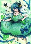  1girl aqua_eyes aqua_hair blush butterfly clover dress jewelry long_hair mosho necklace original sandals signature smile solo traditional_media twintails watercolor_(medium) 