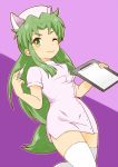  1girl animal_ears breasts chairoino_ino clipboard ganbare_goemon green_eyes green_hair hat long_hair low-tied_long_hair nurse nurse_cap one_eye_closed smile solo thermometer thigh-highs very_long_hair yae_(ganbare_goemon) 