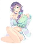  1girl blush breasts green_eyes highres long_hair looking_at_viewer love_live!_school_idol_project midriff open_mouth pillow purple_hair sitting smile solo toujou_nozomi twintails ume_(plumblossom) 