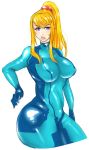  1girl blonde_hair blue_eyes bodysuit breasts cropped_legs curvy highres large_breasts lips long_hair metroid mole ponytail samus_aran scrunchie shiny shiny_clothes skin_tight solo steffydoodles zero_suit 