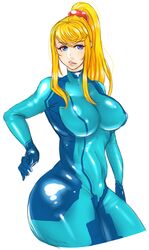  1girl blonde_hair blue_eyes bodysuit breasts cropped_legs curvy highres large_breasts lips long_hair metroid mole ponytail samus_aran scrunchie shiny shiny_clothes skin_tight solo steffydoodles zero_suit 