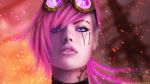  1girl face goggles goggles_on_head highres league_of_legends lips magicnaanavi nose_piercing piercing pink_hair portrait realistic solo tattoo vi_(league_of_legends) 