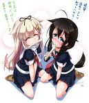  2girls ahoge black_hair blonde_hair blue_eyes bone commentary_request dog_paws dog_tail fingerless_gloves gloves hair_ornament hair_ribbon hairclip kantai_collection kemonomimi_mode long_hair multiple_girls neckerchief necktie paws ribbon scarf school_uniform serafuku shigure_(kantai_collection) shirogane_(cufsser) tail translated white_scarf yuudachi_(kantai_collection) 