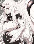  1girl bare_shoulders breasts claws dated detached_sleeves highres horn infinote kantai_collection large_breasts long_hair looking_at_viewer pale_skin red_eyes ribbed_dress seaport_hime shinkaisei-kan sideboob solo twitter_username very_long_hair white_hair 