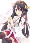  1girl :d black_hair blush brown_eyes detached_sleeves hair_ornament hairband hairclip haruna_(kantai_collection) jewelry kantai_collection long_hair looking_at_viewer nontraditional_miko open_mouth petals pleated_skirt ribbon-trimmed_sleeves ribbon_trim ring simple_background sitting skirt smile solo tagme takase_kanan tears thigh-highs wedding_band white_background wide_sleeves zettai_ryouiki 