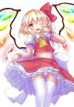  1girl ;d aya-on_(miria00) blonde_hair crop_top crop_top_overhang finger_to_mouth flandre_scarlet frilled_skirt frills hair_ribbon highres midriff navel no_hat one_eye_closed open_mouth panties petticoat puffy_short_sleeves puffy_sleeves red_eyes ribbon short_sleeves side_ponytail skirt smile thigh-highs thigh_gap touhou underwear white_panties wings wrist_cuffs 