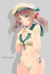  1girl :o absurdres adapted_costume artist_name beret bikini blue_eyes blush bow breasts brown_hair clothes_writing dated error_musume front-tie_bikini front-tie_top girl_holding_a_cat_(kantai_collection) grey_background hair_bow hat highres kantai_collection looking_at_viewer navel sailor_collar shadow side-tie_bikini simple_background solo steepled_fingers swimsuit tbd11 twintails 